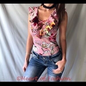 Floral Print Caged Strappy Ruffle Bodysuit Top